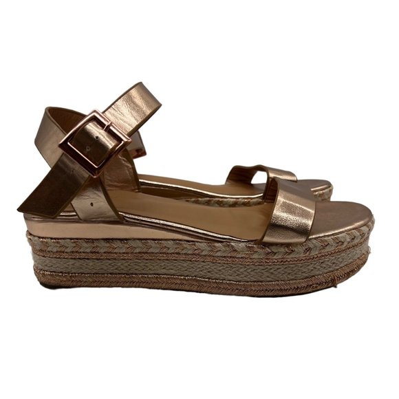 Bamboo Flatform Platform Sandals Rose Gold Espadrille Cushioned Strappy Womens 8 - Picture 1 of 10